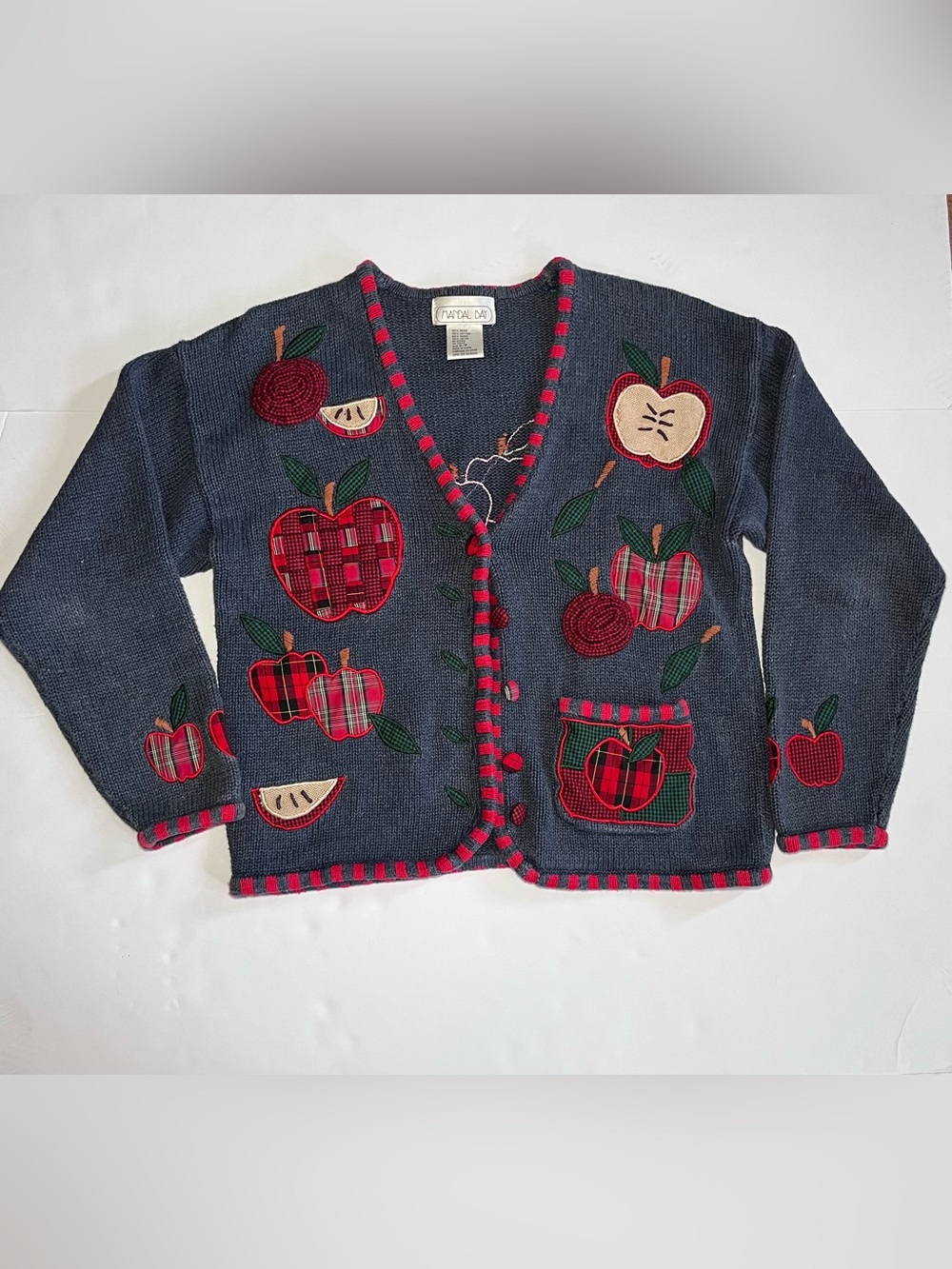 Vintage 90s Mandal Bay Apple Patchwork Knit Cardigan Sweater - Women's Small